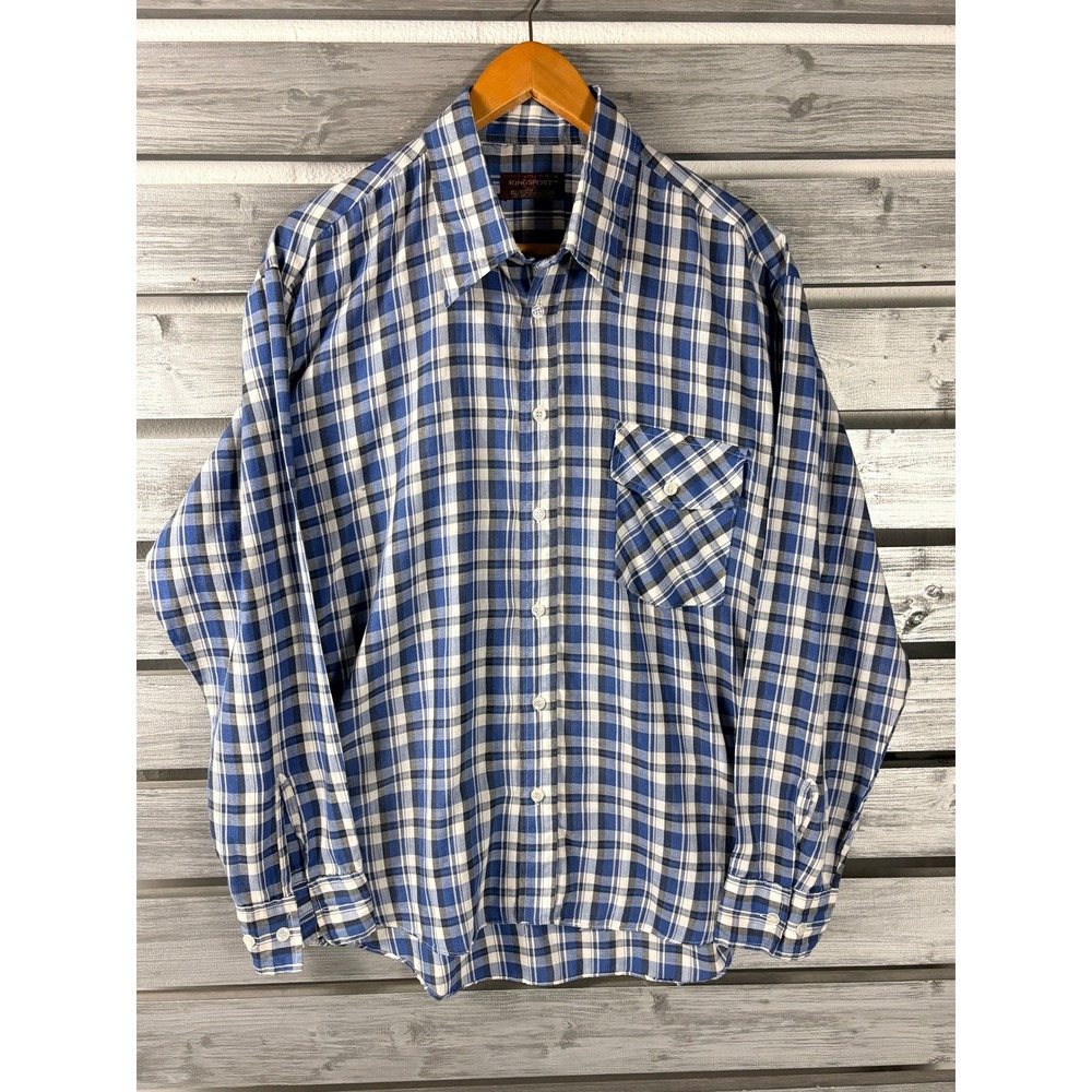 Vintage 70s Kingsport Mens XL Blue Plaid Button Down Shirt Long Sleeve Pocket